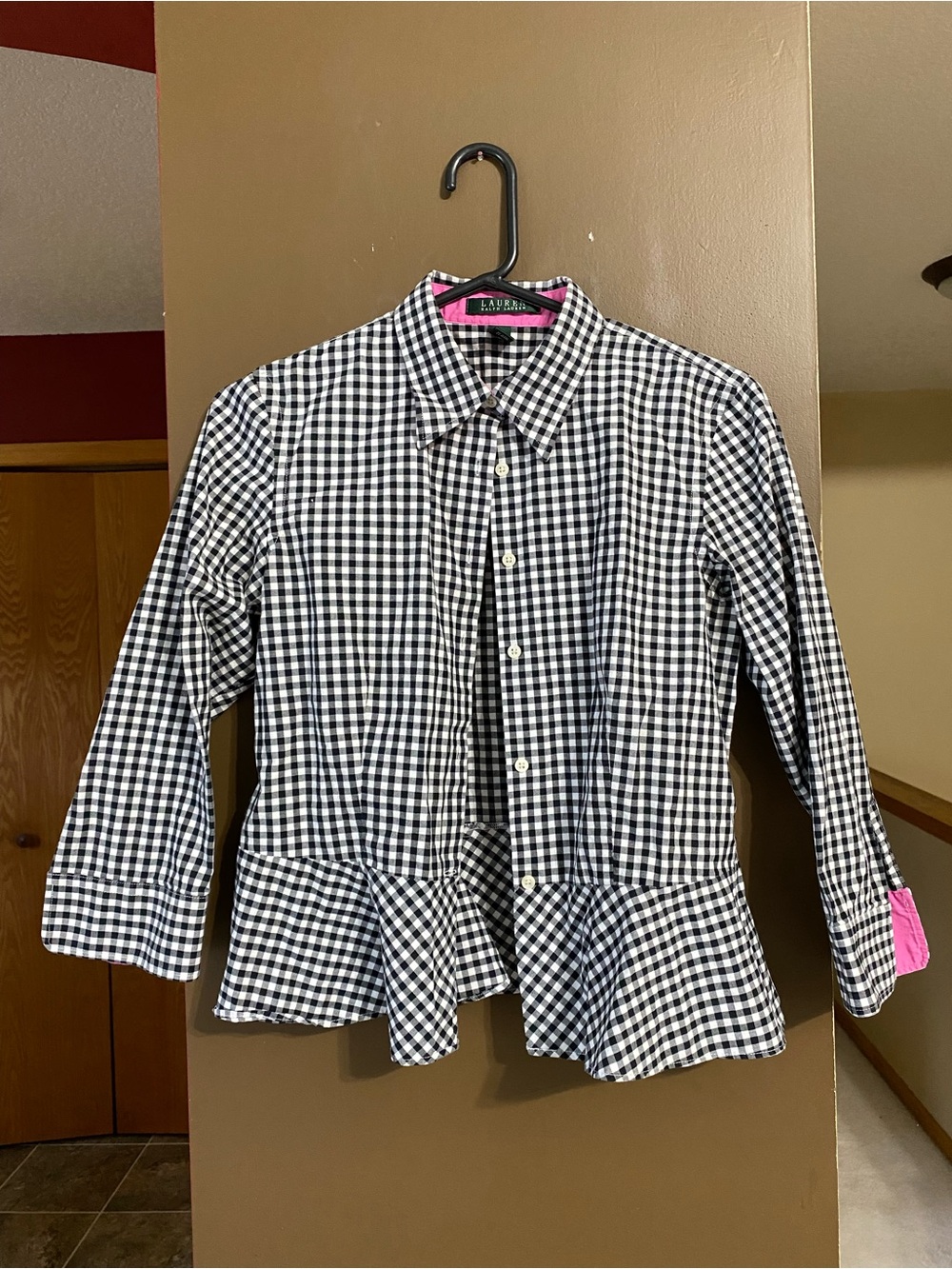 Ralph Lauren Black & White Gingham Button-Down Peplum Shirt